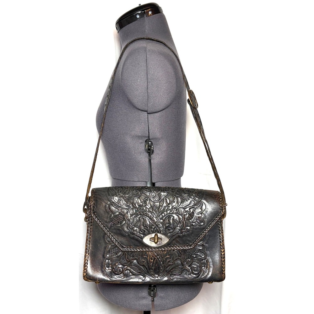 VTG 70s Hand Tooled Leather Western Boho Crossbody Shoulder Bag Purse DAMAGED